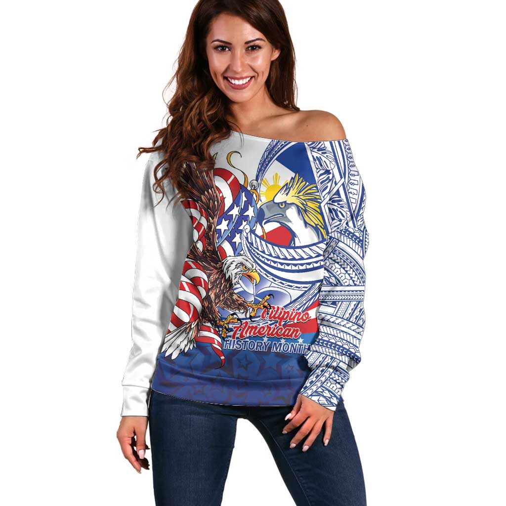 Filipino American History Month Off Shoulder Sweater Philippines Agila USA Eagle Mix Flag