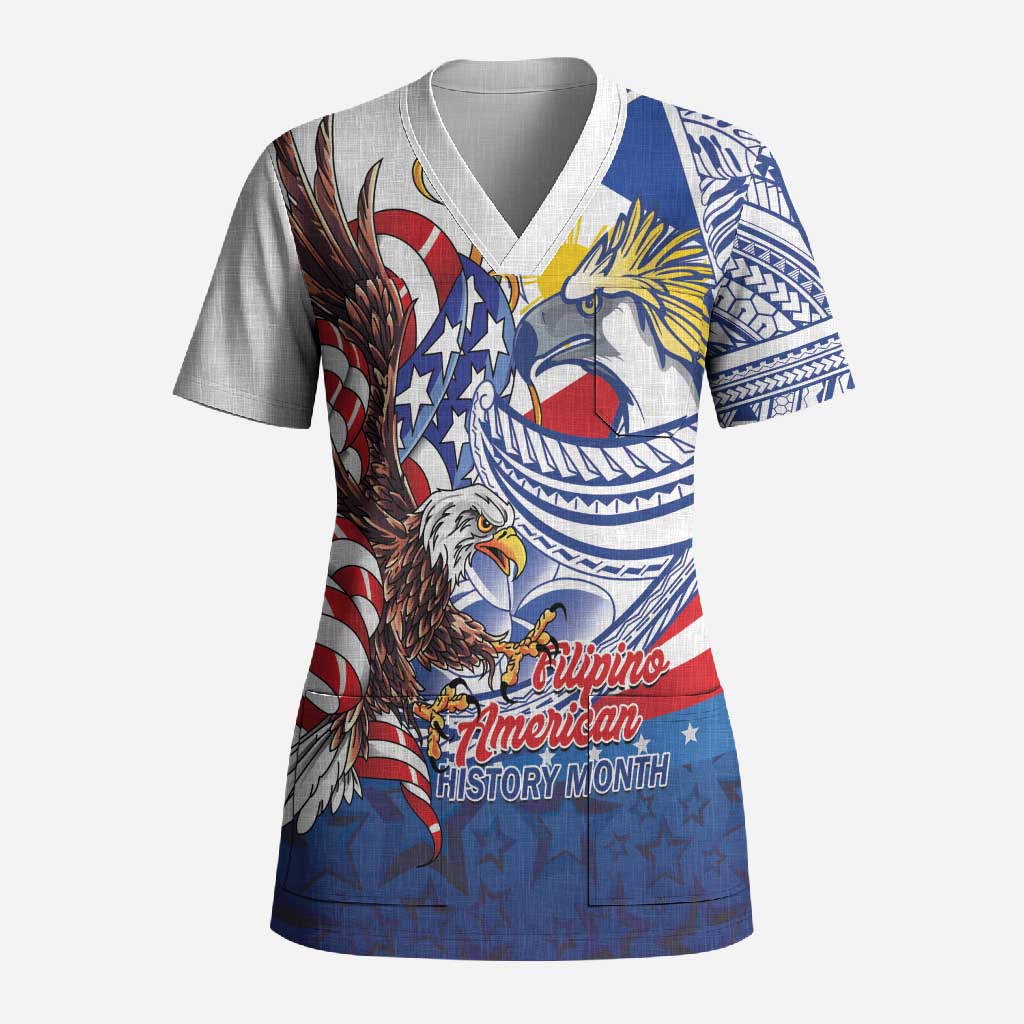 Filipino American History Month Scrub Top Philippines Agila USA Eagle Mix Flag LT14 Adult Blue - Polynesian Pride