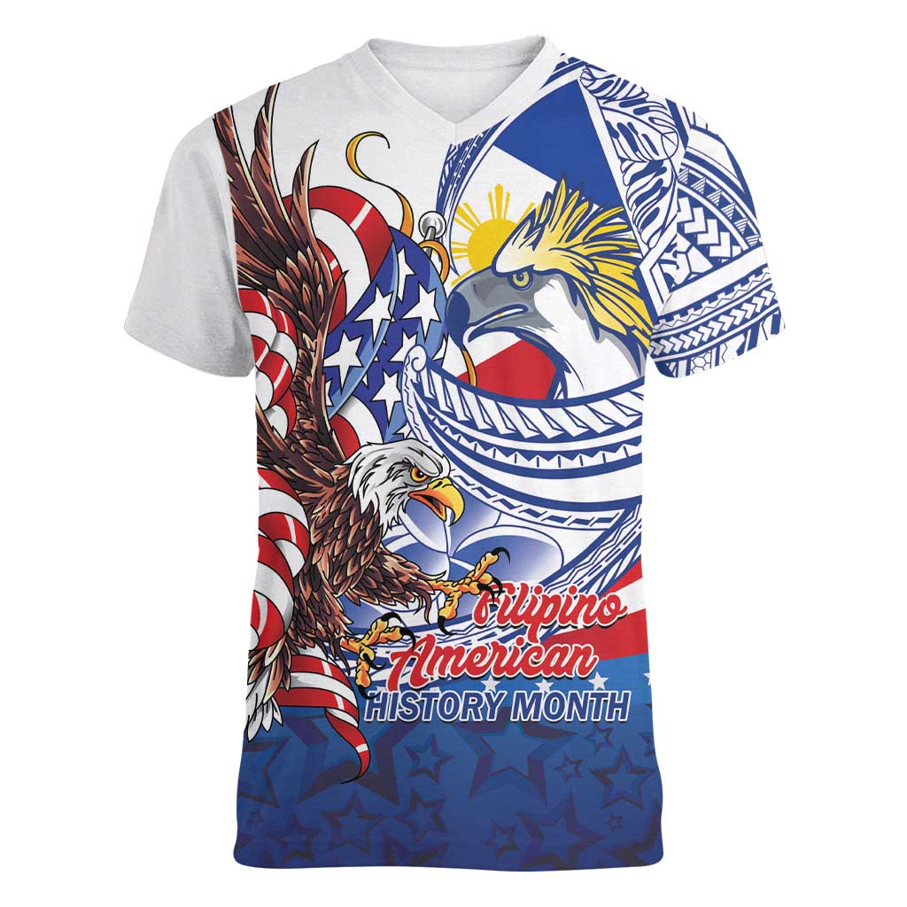 Filipino American History Month Women V-Neck T-Shirt Philippines Agila USA Eagle Mix Flag