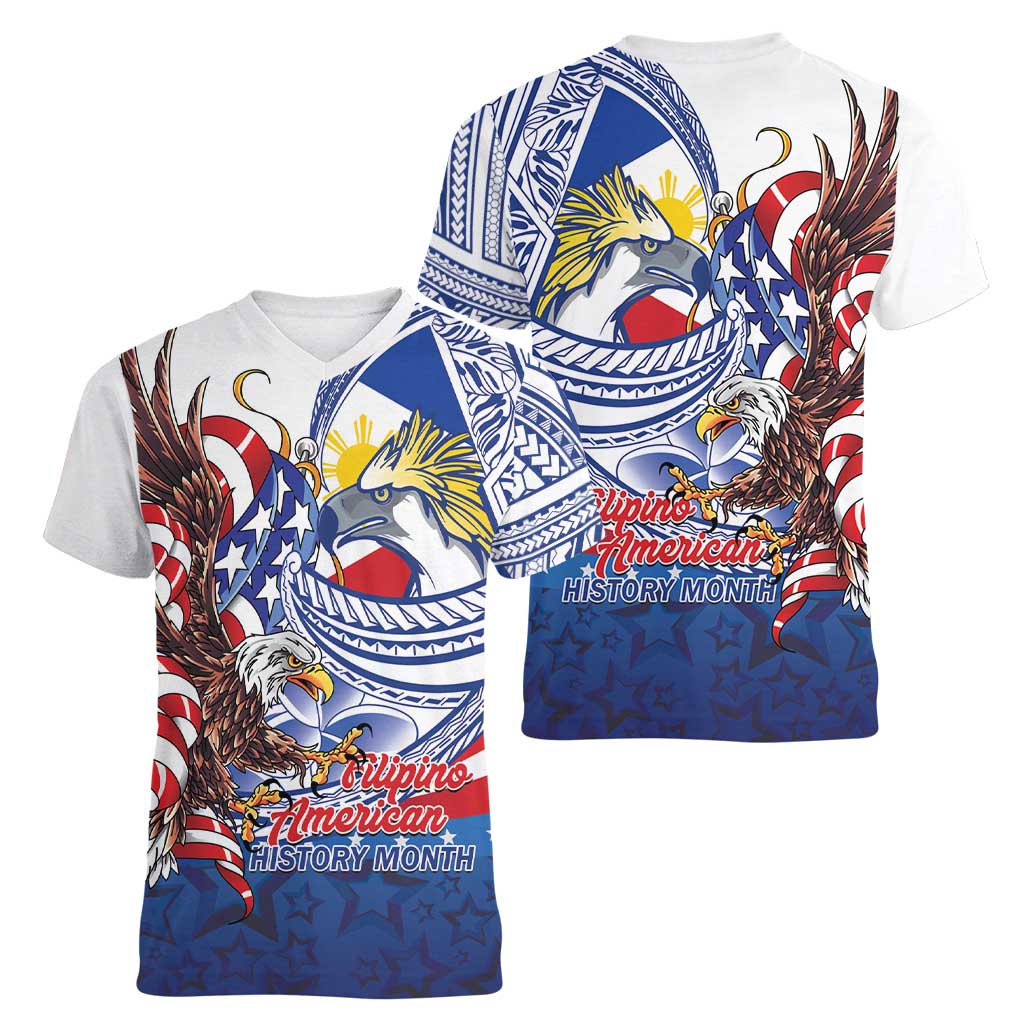 Filipino American History Month Women V-Neck T-Shirt Philippines Agila USA Eagle Mix Flag