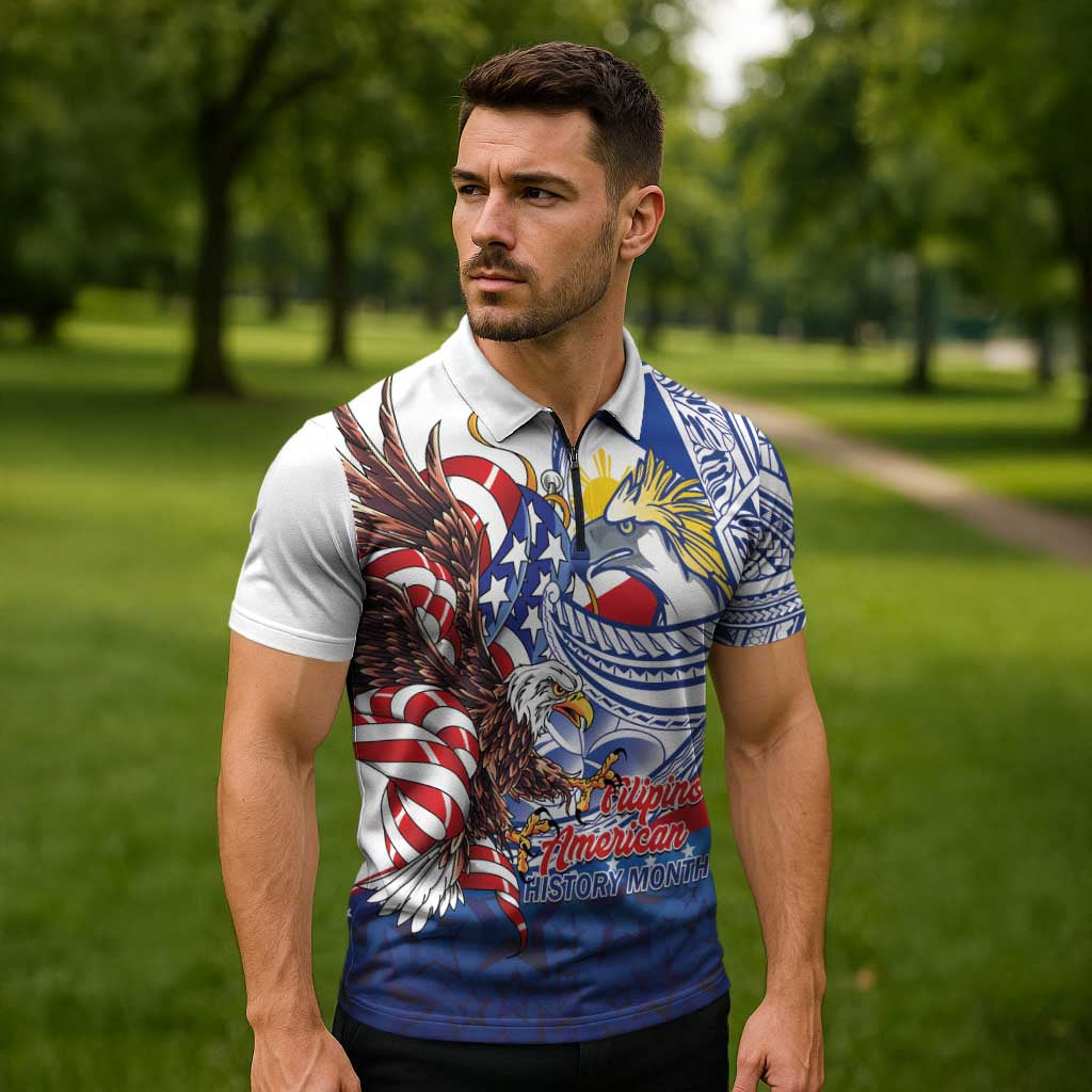 Filipino American History Month Zipper Polo Shirt Philippines Agila USA Eagle Mix Flag