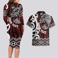 Personalised Aotearoa Bulldog Couples Matching Long Sleeve Bodycon Dress and Hawaiian Shirt New Zealand Maori Taniko Art