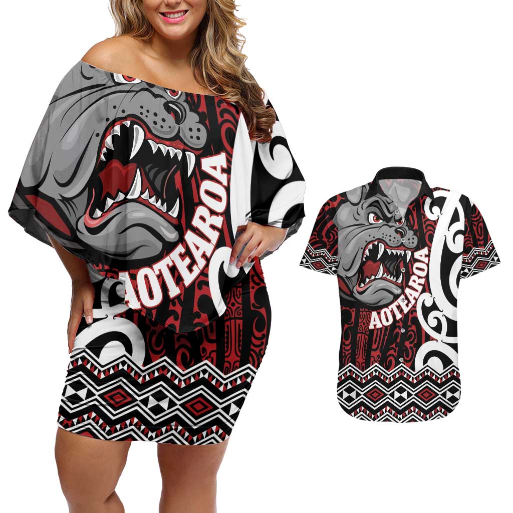 Personalised Aotearoa Bulldog Couples Matching Off Shoulder Short Dress and Hawaiian Shirt New Zealand Maori Taniko Art