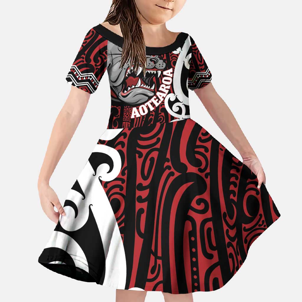 Personalised Aotearoa Bulldog Family Matching Long Sleeve Bodycon Dress and Hawaiian Shirt New Zealand Maori Taniko Art