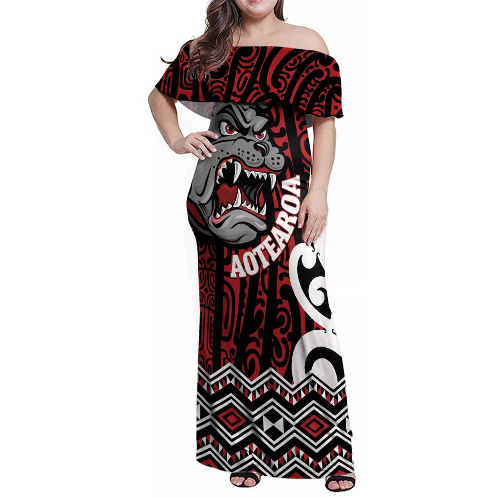 Personalised Aotearoa Bulldog Family Matching Off Shoulder Maxi Dress and Hawaiian Shirt New Zealand Maori Taniko Art
