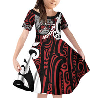 Personalised Aotearoa Bulldog Family Matching Off Shoulder Short Dress and Hawaiian Shirt New Zealand Maori Taniko Art LT14 Daughter's Dress Red - Polynesian Pride