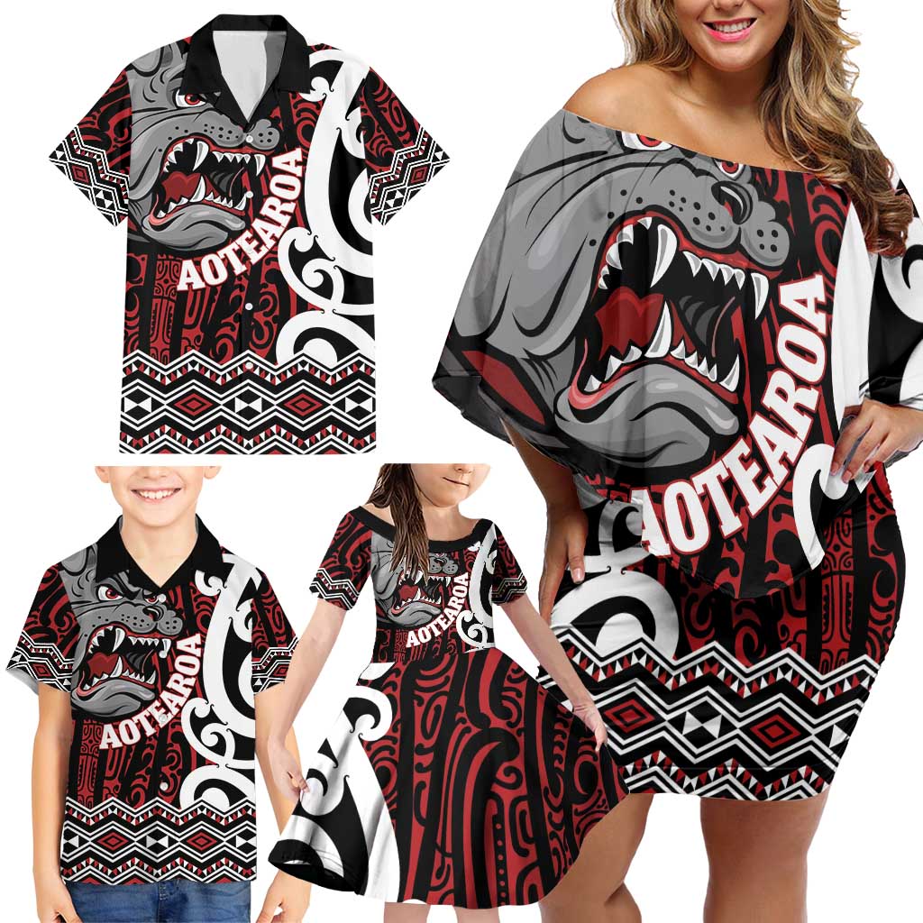 Personalised Aotearoa Bulldog Family Matching Off Shoulder Short Dress and Hawaiian Shirt New Zealand Maori Taniko Art LT14 - Polynesian Pride