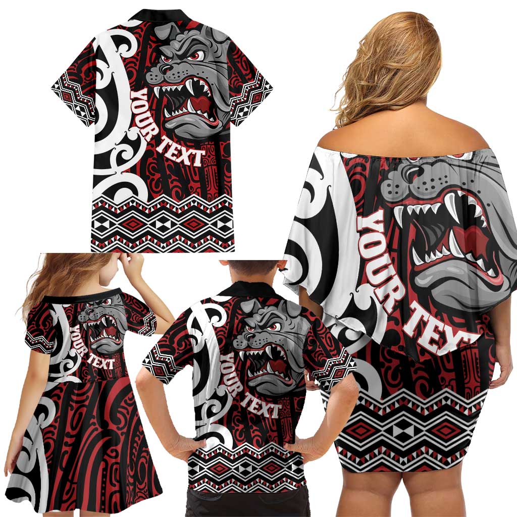 Personalised Aotearoa Bulldog Family Matching Off Shoulder Short Dress and Hawaiian Shirt New Zealand Maori Taniko Art LT14 - Polynesian Pride