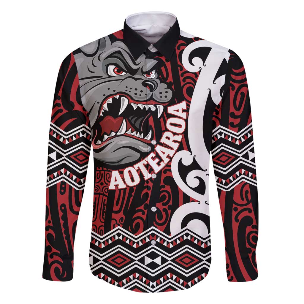 Personalised Aotearoa Bulldog Family Matching Off Shoulder Short Dress and Hawaiian Shirt New Zealand Maori Taniko Art LT14 Dad's Shirt - Long Sleeve Red - Polynesian Pride