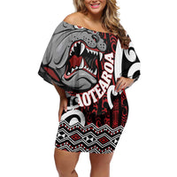Personalised Aotearoa Bulldog Family Matching Off Shoulder Short Dress and Hawaiian Shirt New Zealand Maori Taniko Art LT14 Mom's Dress Red - Polynesian Pride