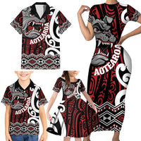 Personalised Aotearoa Bulldog Family Matching Short Sleeve Bodycon Dress and Hawaiian Shirt New Zealand Maori Taniko Art