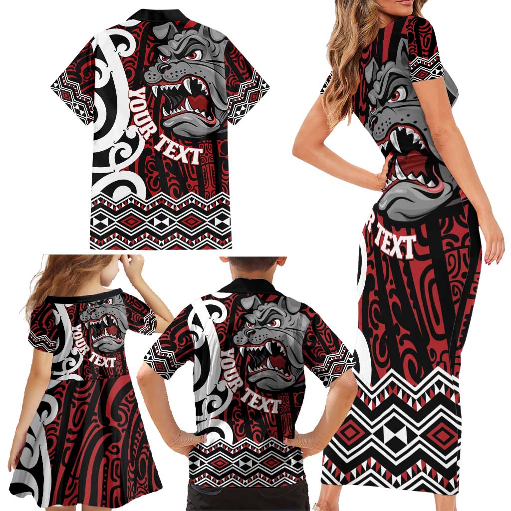 Personalised Aotearoa Bulldog Family Matching Short Sleeve Bodycon Dress and Hawaiian Shirt New Zealand Maori Taniko Art