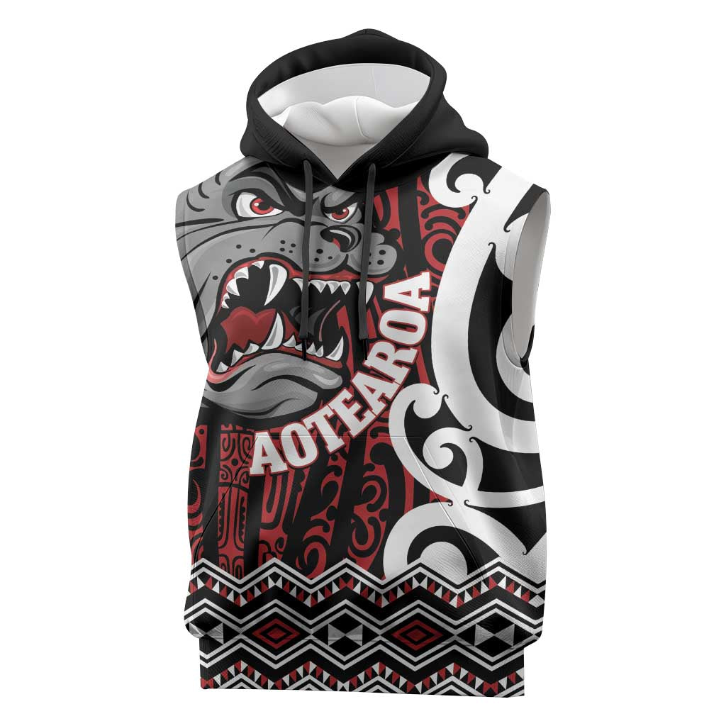 Personalised Aotearoa Bulldog Sleeveless Hoodie New Zealand Maori Taniko Art - Polynesian Pride