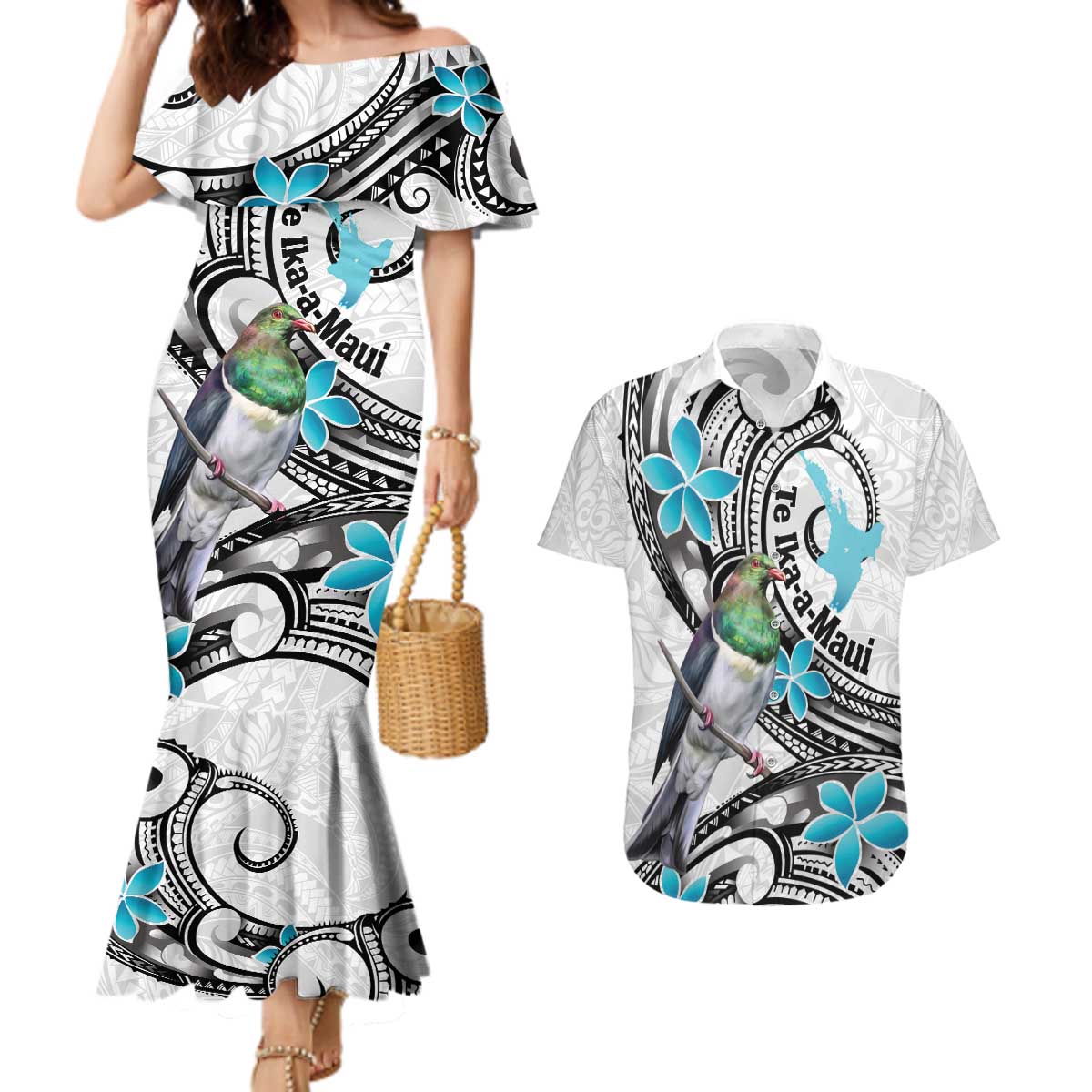 Aotearoa Te Ika-a-Maui Couples Matching Mermaid Dress and Hawaiian Shirt South Island Kekeru Maori Koru