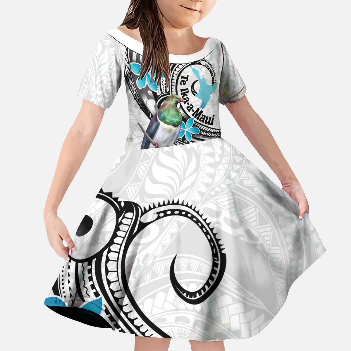 Aotearoa Te Ika-a-Maui Family Matching Off The Shoulder Long Sleeve Dress and Hawaiian Shirt South Island Kekeru Maori Koru