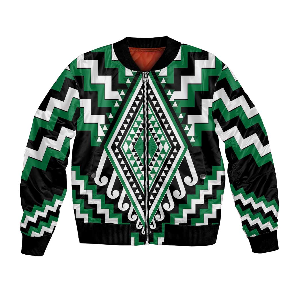 Green Aotearoa Taniko Poutama Patikitiki Bomber Jacket