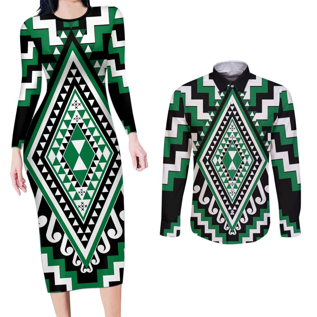 Green Aotearoa Taniko Poutama Patikitiki Couples Matching Long Sleeve Bodycon Dress and Long Sleeve Button Shirt