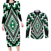 Green Aotearoa Taniko Poutama Patikitiki Couples Matching Long Sleeve Bodycon Dress and Long Sleeve Button Shirt