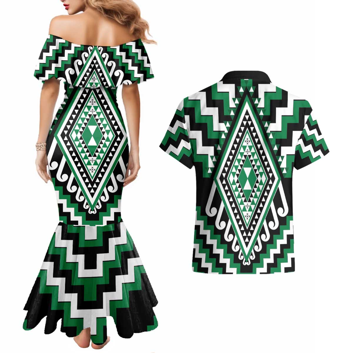 Green Aotearoa Taniko Poutama Patikitiki Couples Matching Mermaid Dress and Hawaiian Shirt