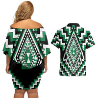 Green Aotearoa Taniko Poutama Patikitiki Couples Matching Off Shoulder Short Dress and Hawaiian Shirt