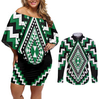 Green Aotearoa Taniko Poutama Patikitiki Couples Matching Off Shoulder Short Dress and Long Sleeve Button Shirt
