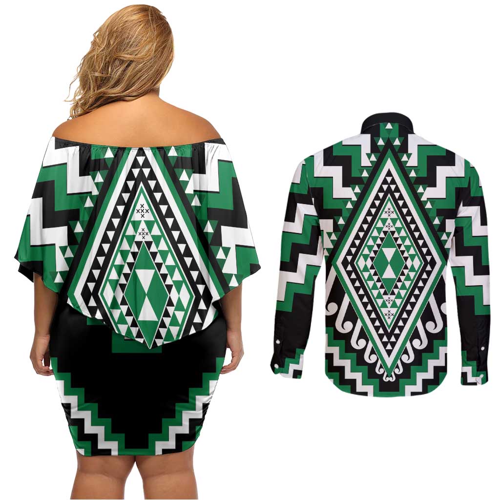 Green Aotearoa Taniko Poutama Patikitiki Couples Matching Off Shoulder Short Dress and Long Sleeve Button Shirt