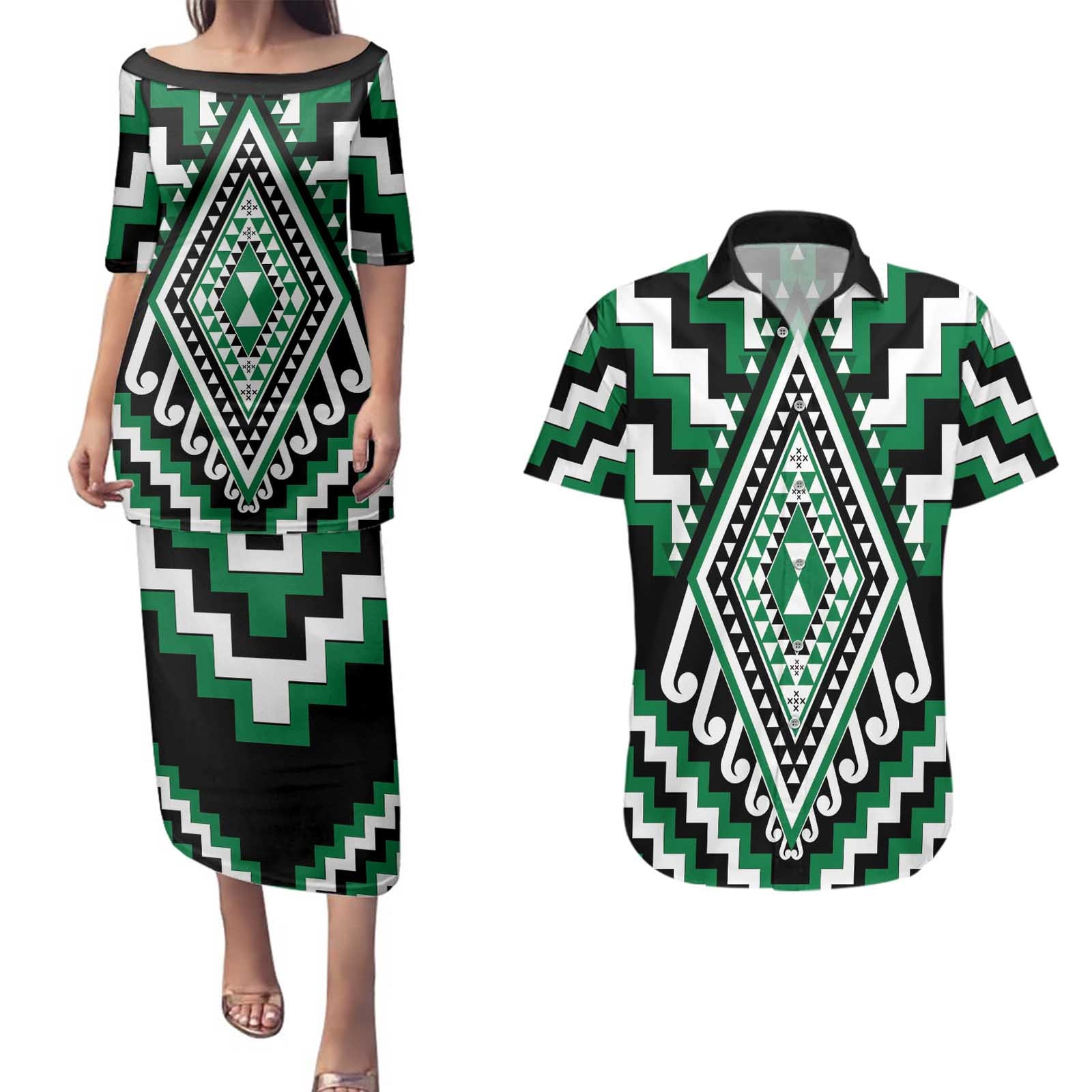 Green Aotearoa Taniko Poutama Patikitiki Couples Matching Puletasi and Hawaiian Shirt
