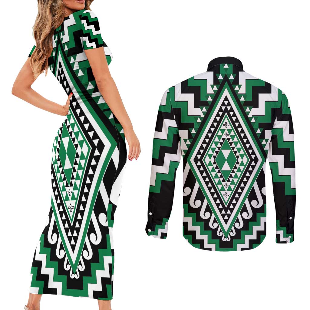Green Aotearoa Taniko Poutama Patikitiki Couples Matching Short Sleeve Bodycon Dress and Long Sleeve Button Shirt