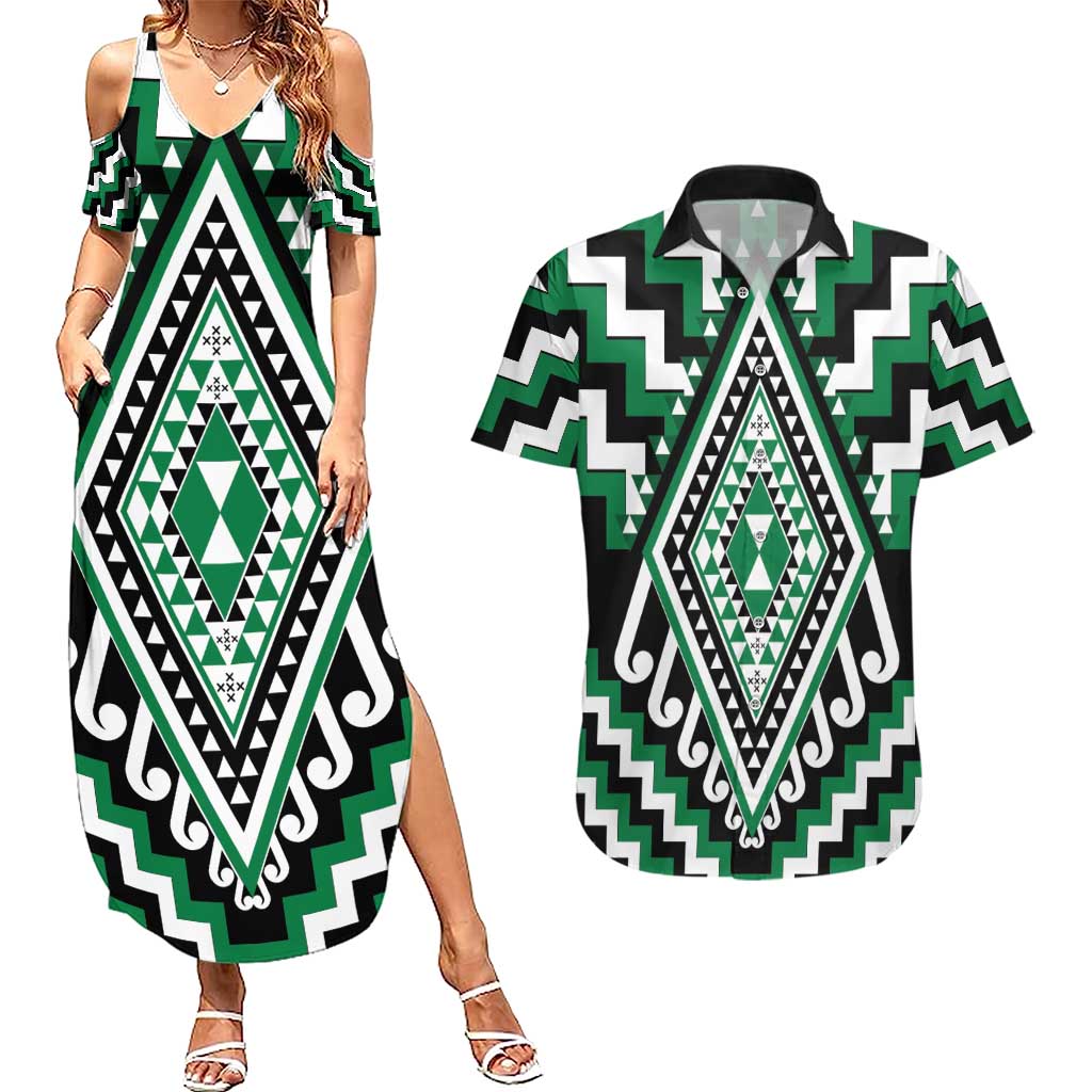 Green Aotearoa Taniko Poutama Patikitiki Couples Matching Summer Maxi Dress and Hawaiian Shirt