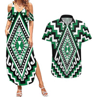 Green Aotearoa Taniko Poutama Patikitiki Couples Matching Summer Maxi Dress and Hawaiian Shirt