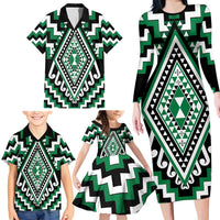 Green Aotearoa Taniko Poutama Patikitiki Family Matching Long Sleeve Bodycon Dress and Hawaiian Shirt