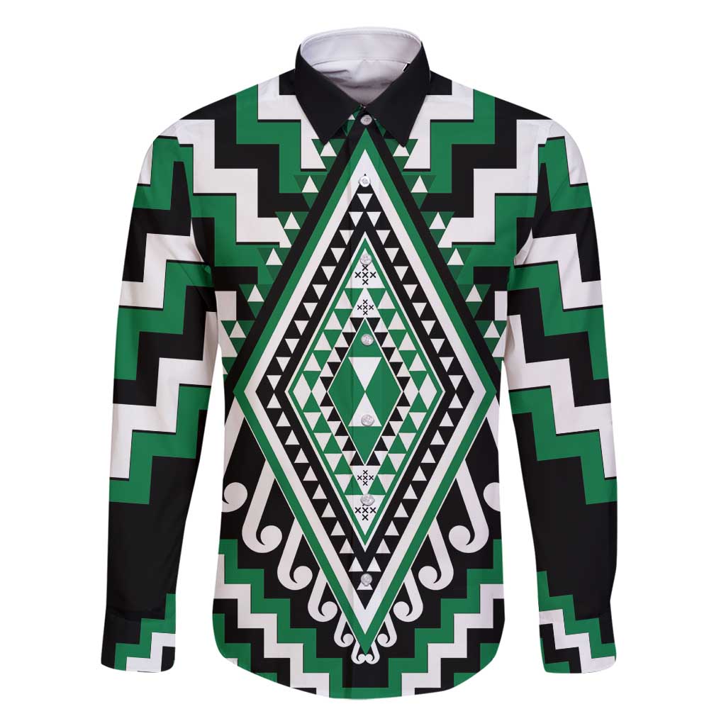 Green Aotearoa Taniko Poutama Patikitiki Family Matching Long Sleeve Bodycon Dress and Hawaiian Shirt