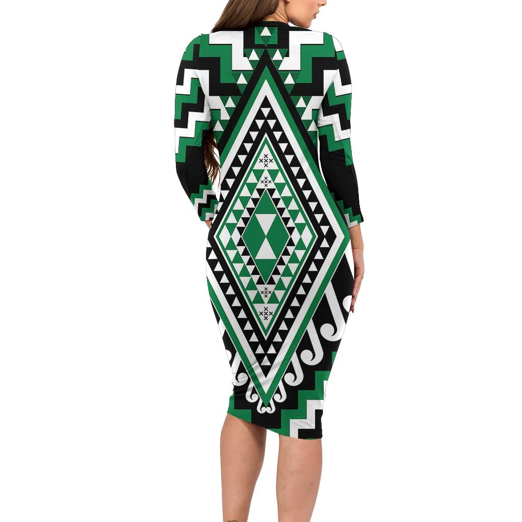 Green Aotearoa Taniko Poutama Patikitiki Family Matching Long Sleeve Bodycon Dress and Hawaiian Shirt