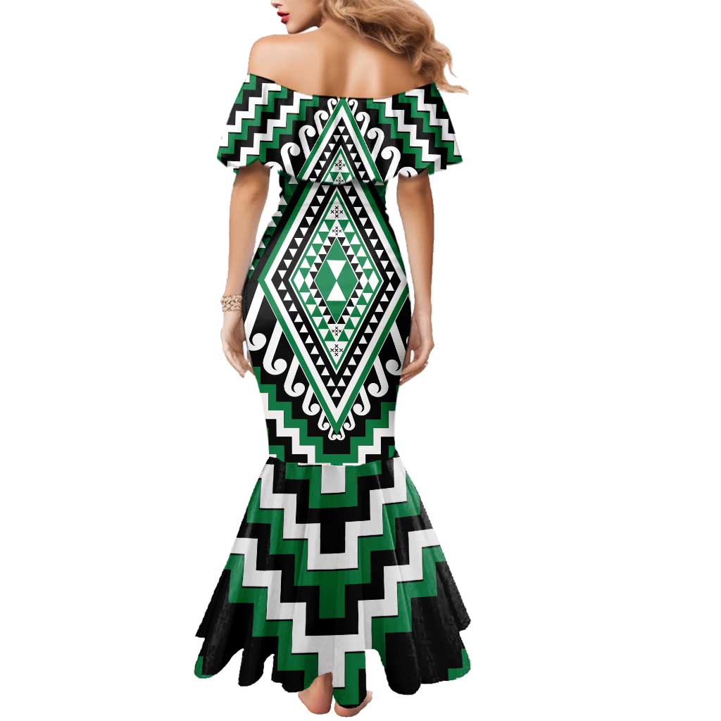 Green Aotearoa Taniko Poutama Patikitiki Family Matching Mermaid Dress and Hawaiian Shirt