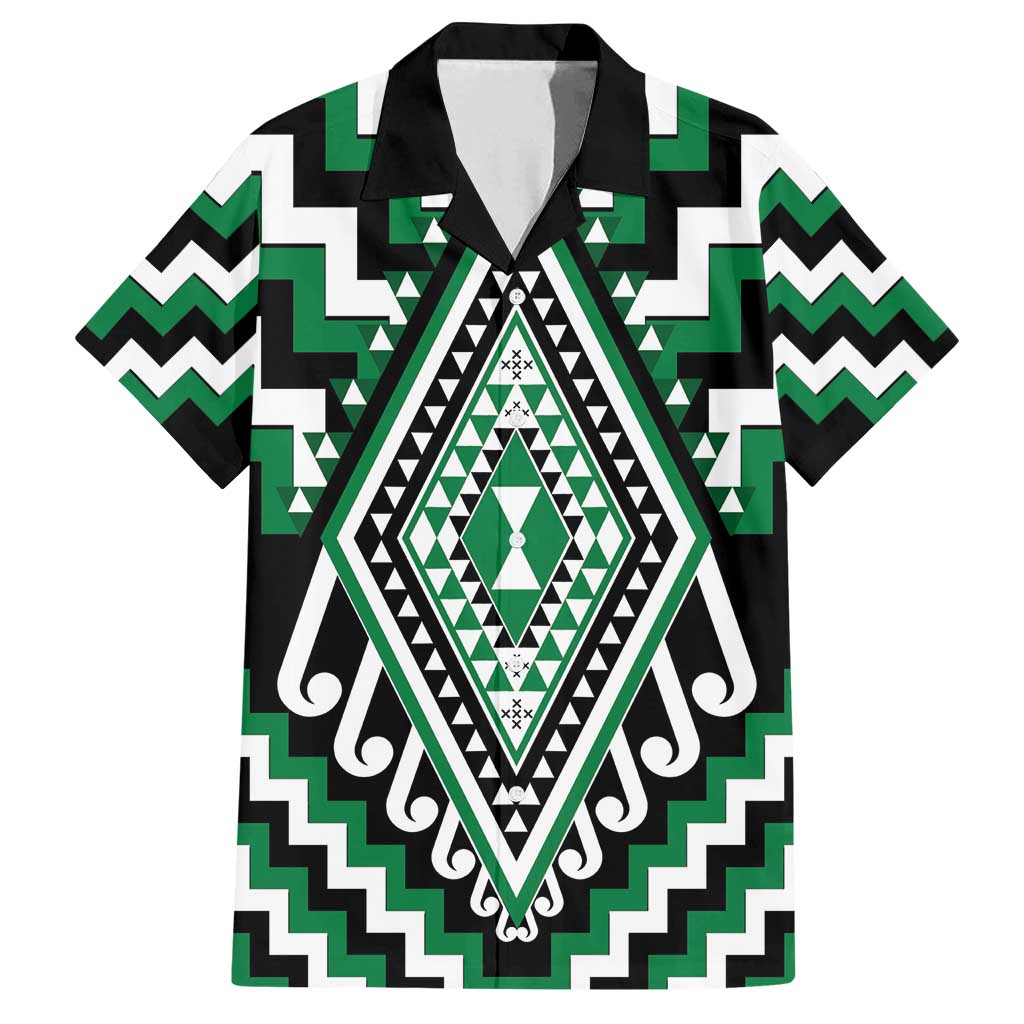 Green Aotearoa Taniko Poutama Patikitiki Family Matching Off Shoulder Maxi Dress and Hawaiian Shirt
