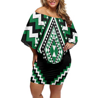 Green Aotearoa Taniko Poutama Patikitiki Family Matching Off Shoulder Short Dress and Hawaiian Shirt