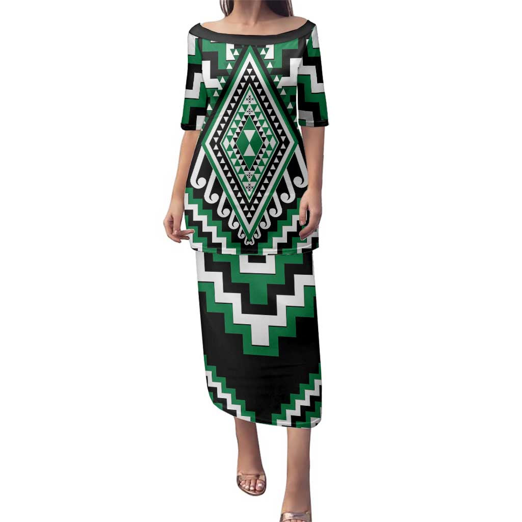 Green Aotearoa Taniko Poutama Patikitiki Family Matching Puletasi and Hawaiian Shirt