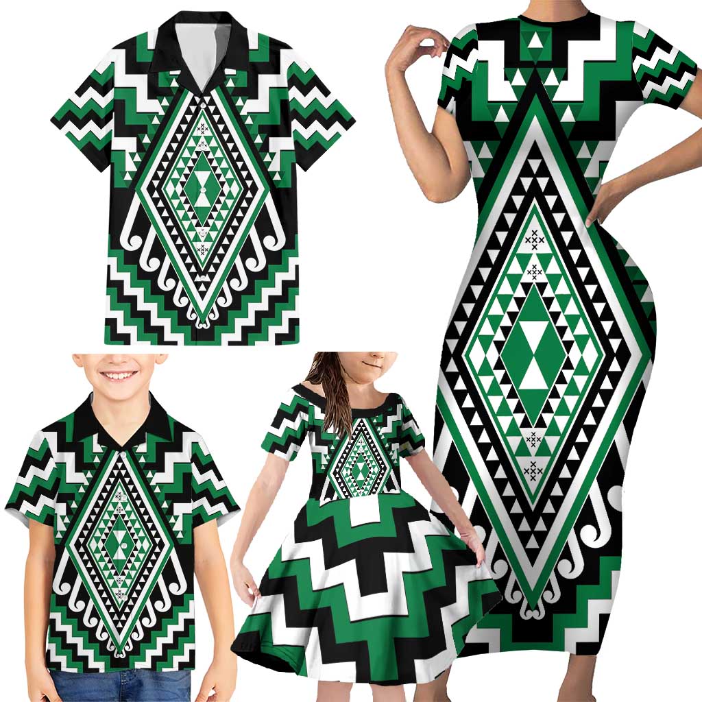 Green Aotearoa Taniko Poutama Patikitiki Family Matching Short Sleeve Bodycon Dress and Hawaiian Shirt