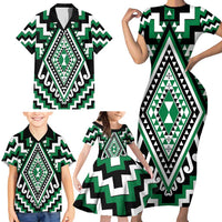 Green Aotearoa Taniko Poutama Patikitiki Family Matching Short Sleeve Bodycon Dress and Hawaiian Shirt