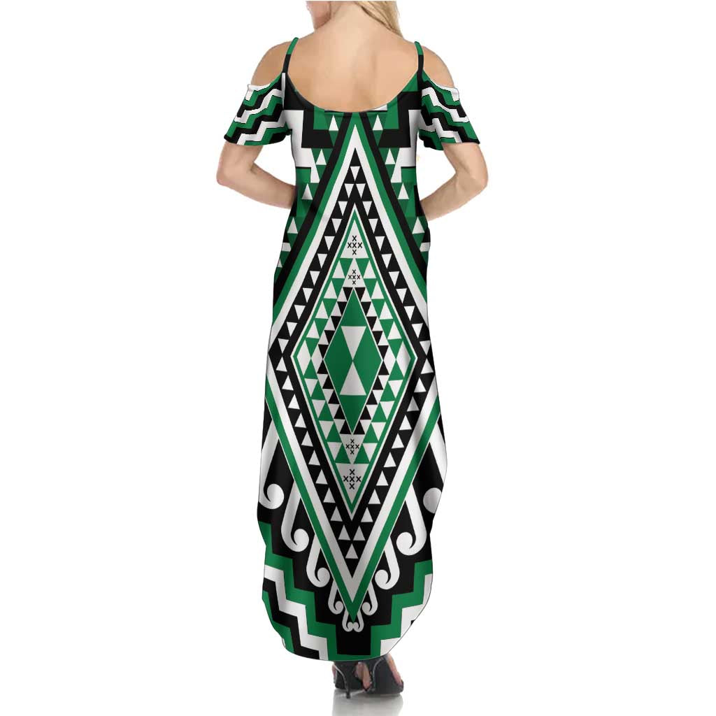 Green Aotearoa Taniko Poutama Patikitiki Family Matching Summer Maxi Dress and Hawaiian Shirt