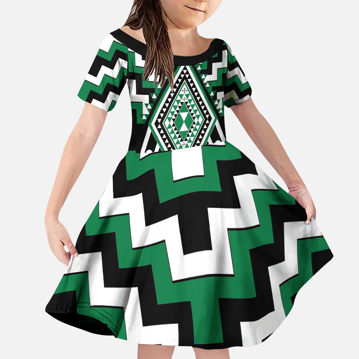 Green Aotearoa Taniko Poutama Patikitiki Kid Short Sleeve Dress LT14 KID Green - Polynesian Pride