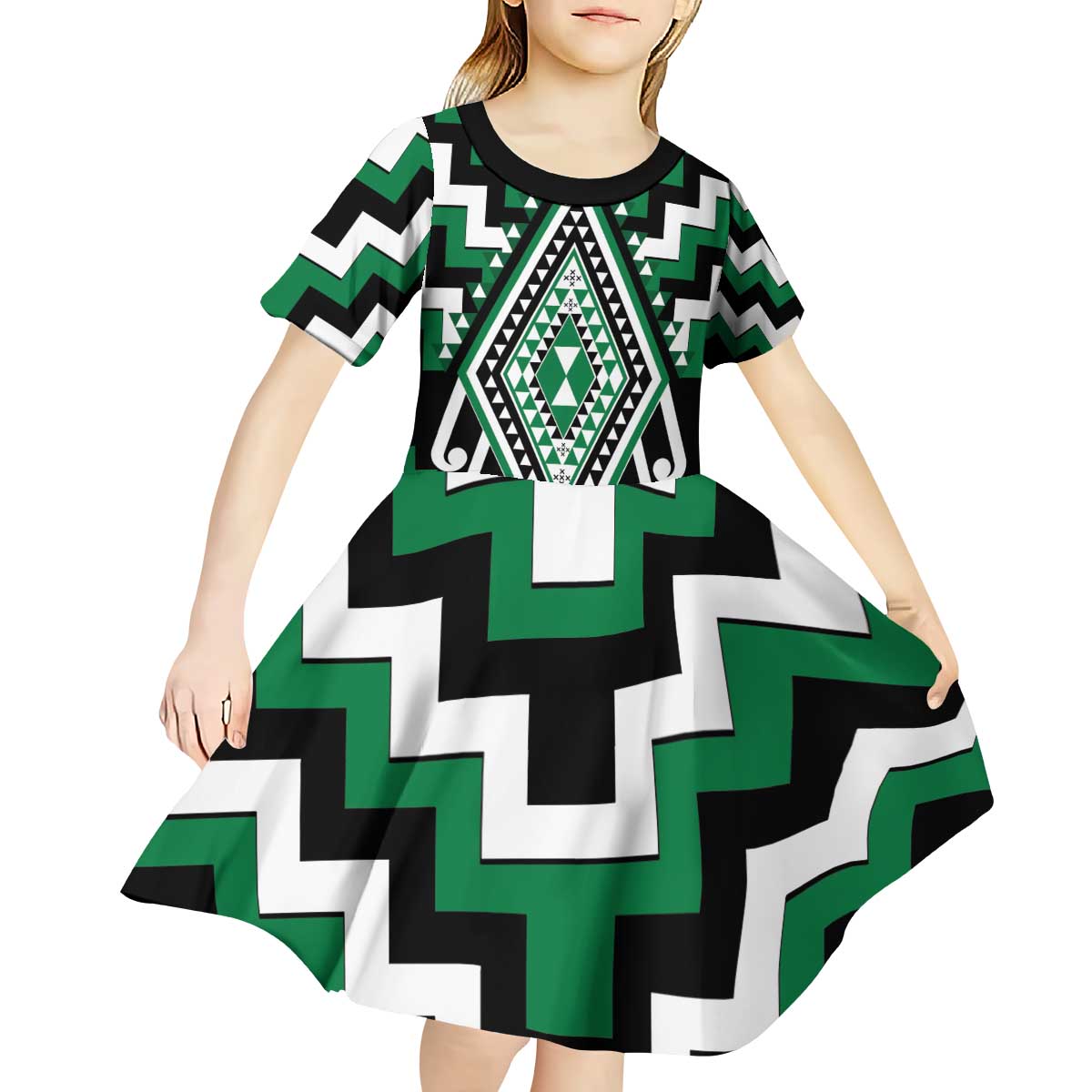Green Aotearoa Taniko Poutama Patikitiki Kid Short Sleeve Dress LT14 - Polynesian Pride