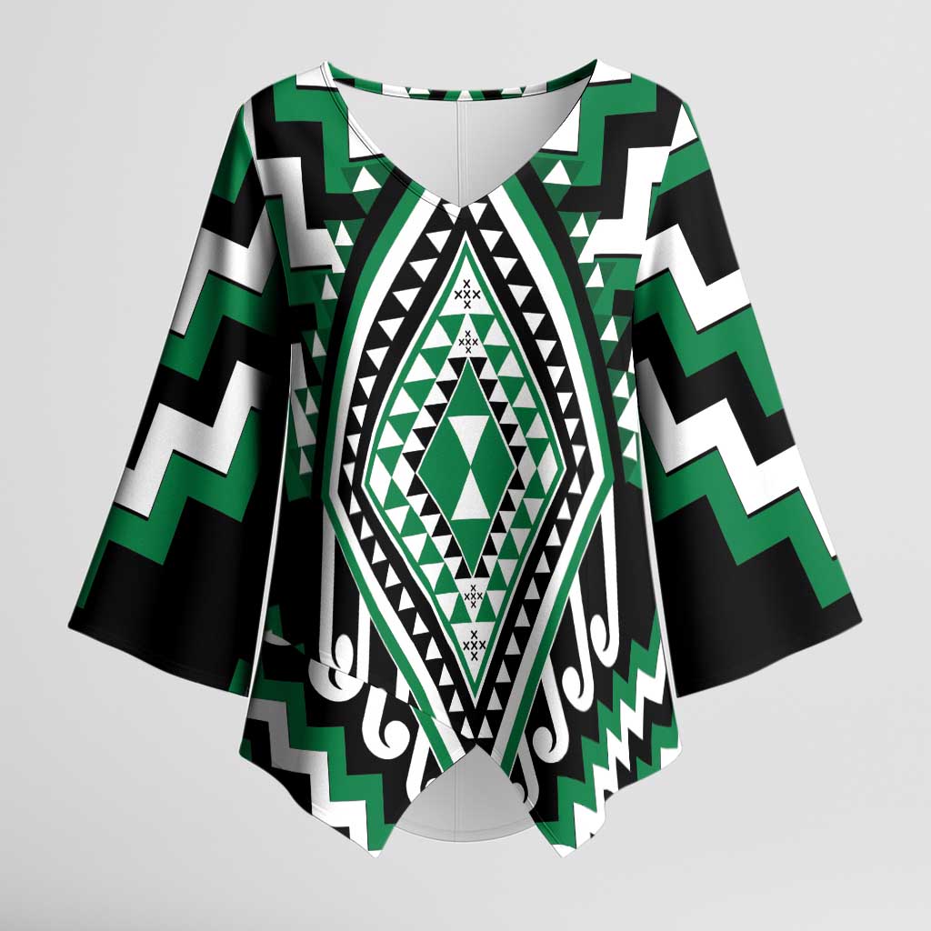 Green New Zealand Taniko Poutama Patikitiki Kimono Sleeve Blouse - Polynesian Pride
