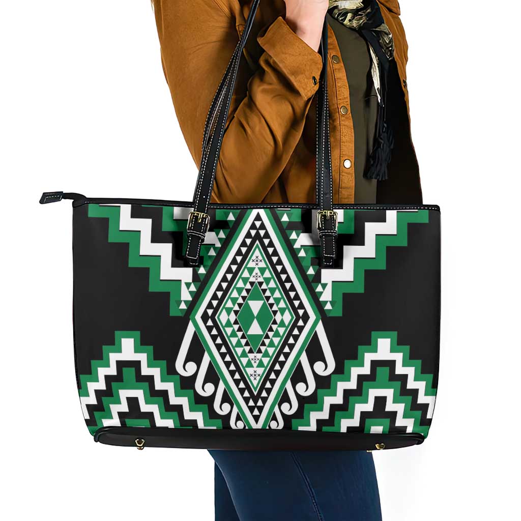 Green Aotearoa Taniko Poutama Patikitiki Leather Tote Bag