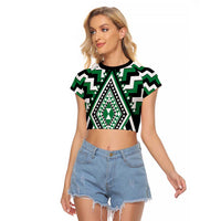 Green Aotearoa Taniko Poutama Patikitiki Raglan Cropped T Shirt LT14 Female Green - Polynesian Pride