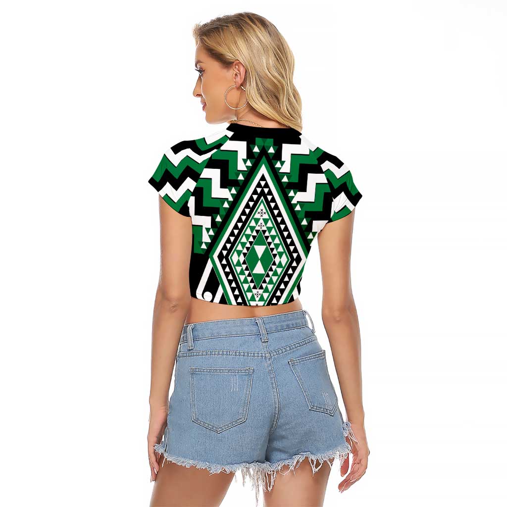 Green Aotearoa Taniko Poutama Patikitiki Raglan Cropped T Shirt LT14 - Polynesian Pride