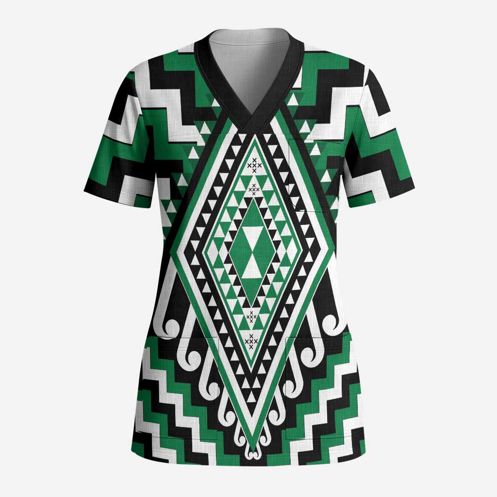 Green Aotearoa Taniko Poutama Patikitiki Scrub Top - Polynesian Pride