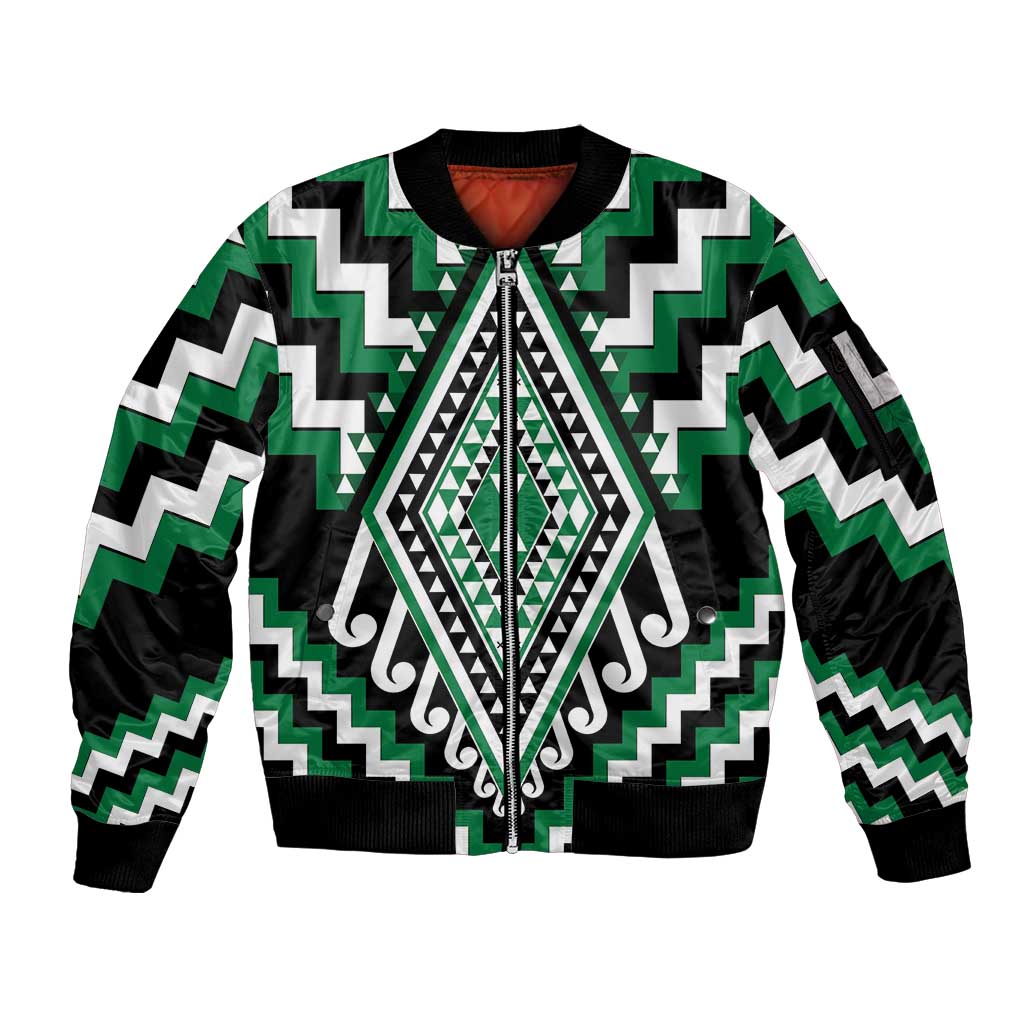 Green Aotearoa Taniko Poutama Patikitiki Sleeve Zip Bomber Jacket