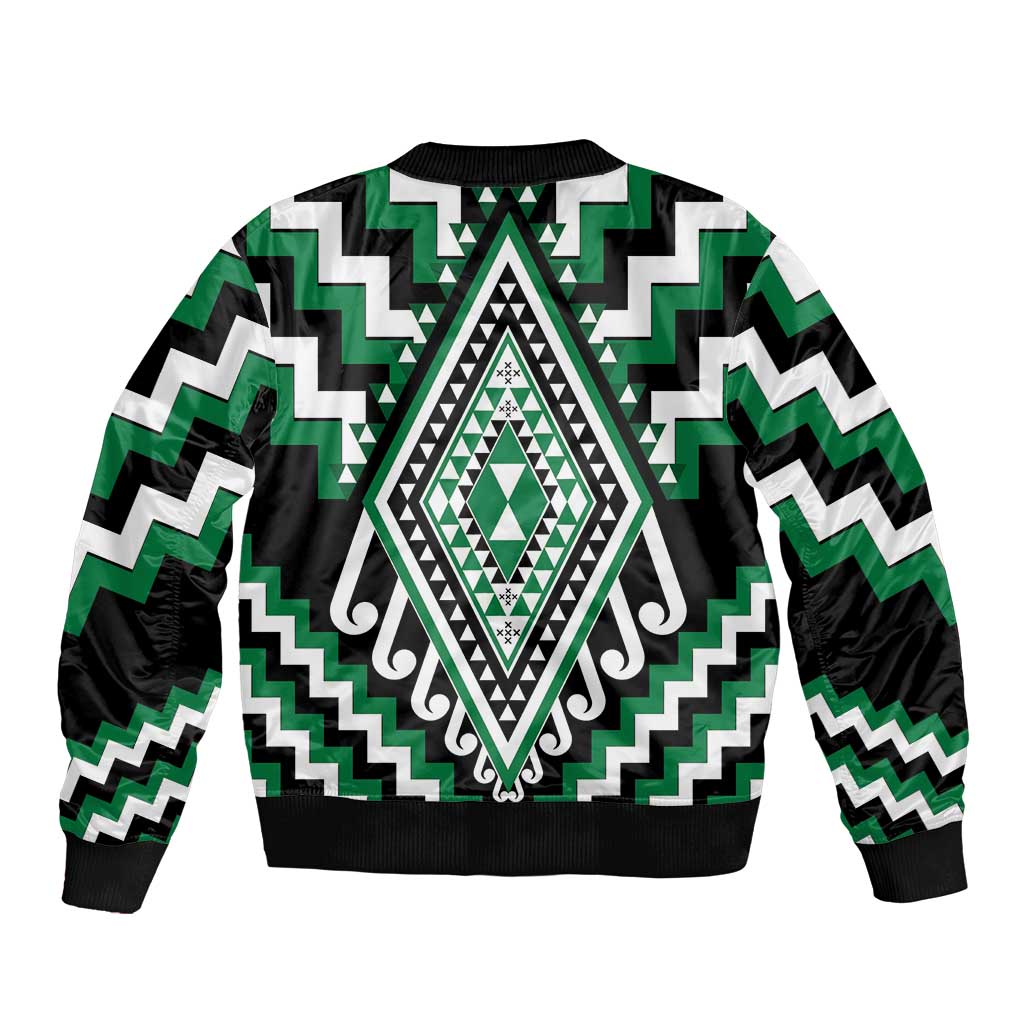 Green Aotearoa Taniko Poutama Patikitiki Sleeve Zip Bomber Jacket