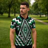Green New Zealand Taniko Poutama Patikitiki Zipper Polo Shirt - Polynesian Pride